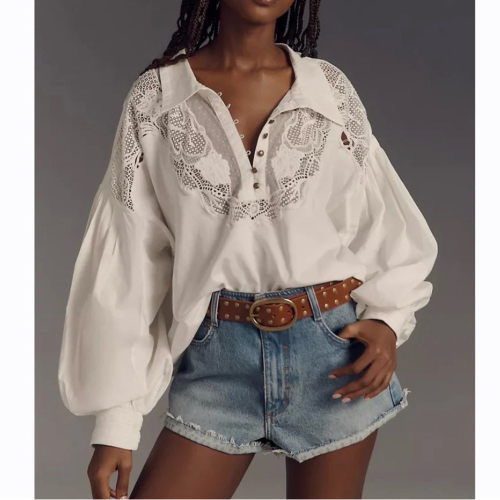 Maeve Anthropologie puff-sleeve Collard Yoke White Lace Detail Blouse